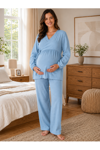 Effortt İndigo Müslin Kumaş Kruvaze Bağlamalı Emzirme Özellikli %100 Pamuk Hamile Lohusa Pijama Takımı 3087 Effortt İndigo Müslin Kumaş Kruvaze Bağlamalı Emzirme Özellikli %100 Pamuk Hamile Lohusa Pijama Takımı 3087